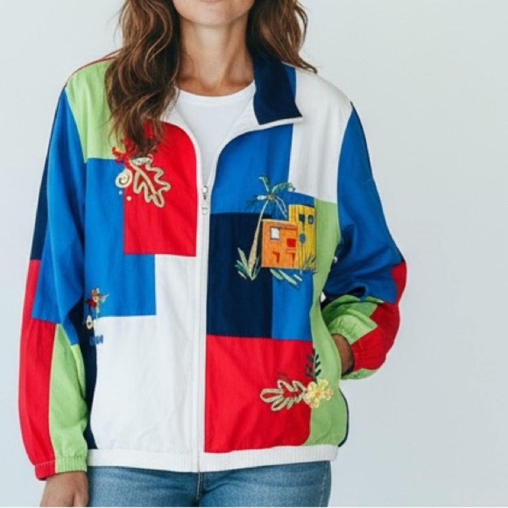 Koret Vintage Tropical Vibes Colorblock Embroidered Beaded Zip Up Jacket Size XL